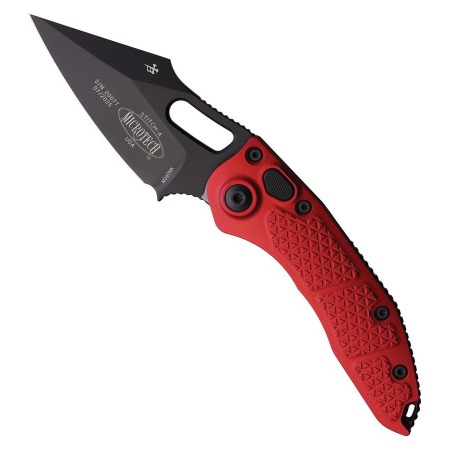 Microtech Red Borka Stitch Wharncliffe Auto Knife, Black