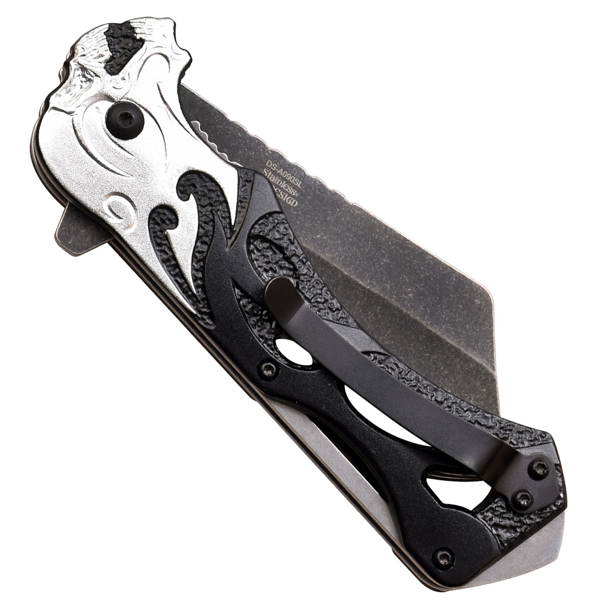 Dark Side Blades DS-A090SL Silver Fire Skull Spring Assisted Knife