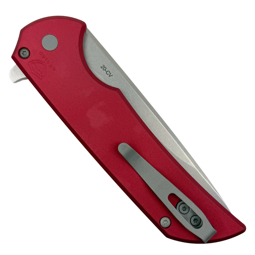 Pro-Tech Red Mordax Flipper Knife, Stonewash Drop Point Blade
