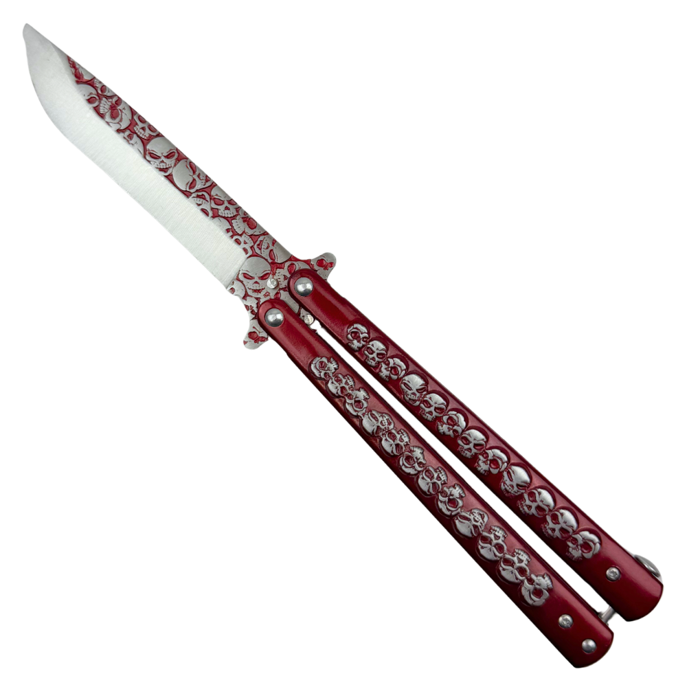 Skullstrike Specter 3D Skull Red Balisong, Faux Drop Point Blade