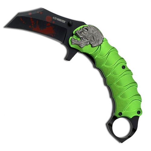 Z-Hunter Green Folding Assist Knife, Green w/ Skull Medallion