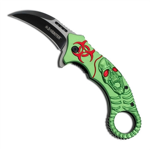 Z-Hunter Karambit Folding Assist Knife, Green w/ Red Biohazard