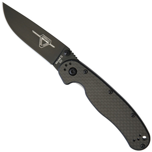 Ontario Rat II Carbon Fiber Folder Knife, D2 Black Blade BladeOps
