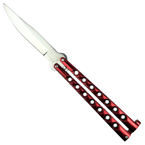 Discount Red 7 Hole Butterfly Knife, Silver Clip Point Blade