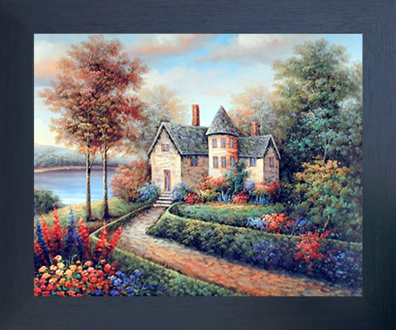 Country Cottage Lake Charming Rustic Landscape Wall Decor Espresso