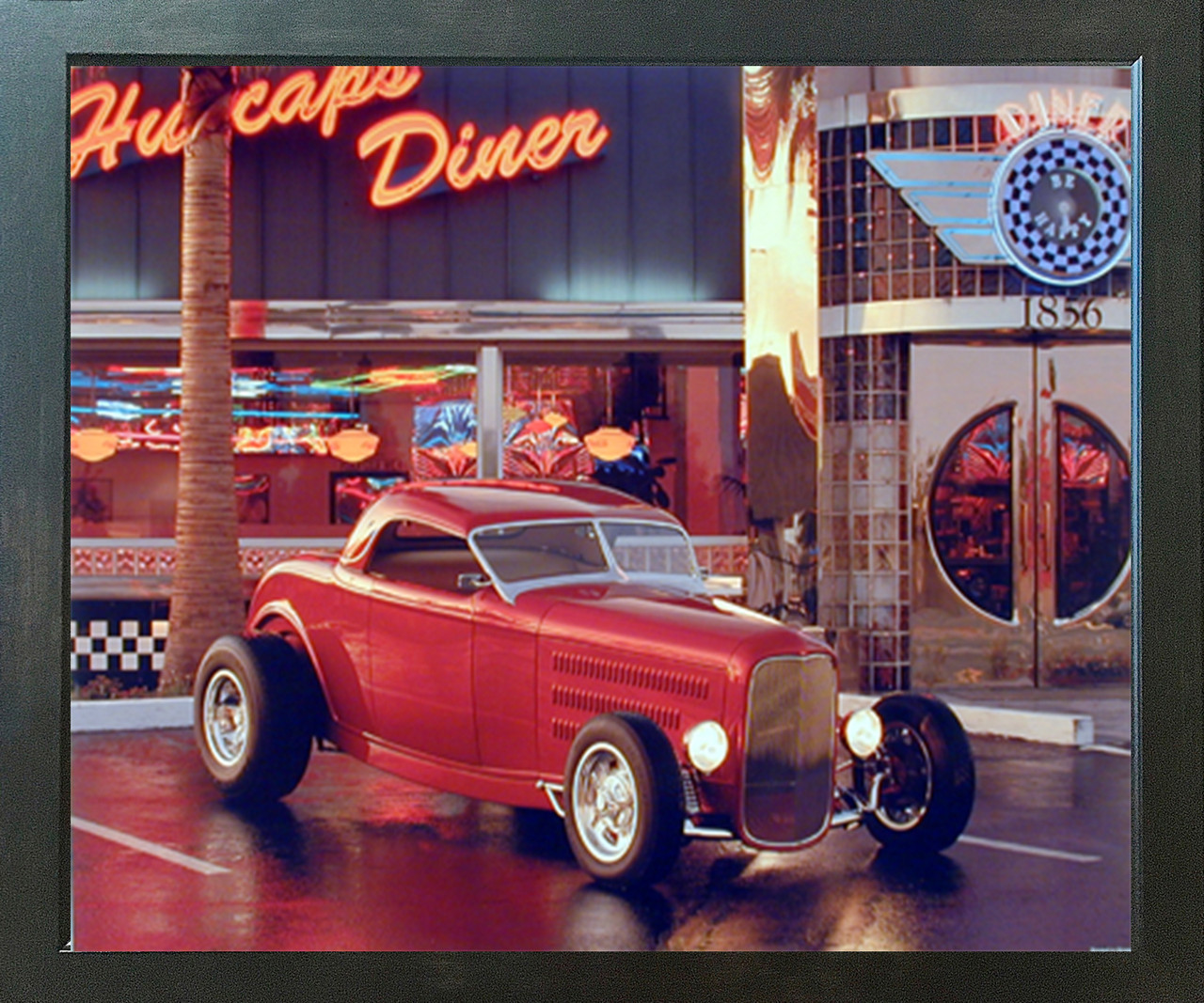 Vintage Red Ford Roadster At Cafe Diner Car Espresso Framed