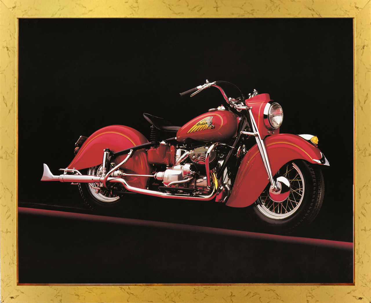 Vintage Red Indian Motorcycle Road Master Wall Decor Golden Framed