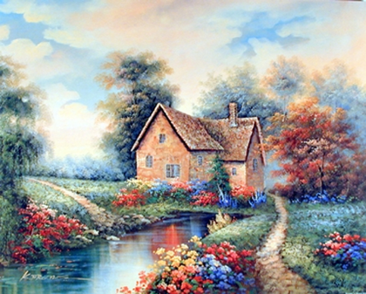 Country Cottage Garden Flowers River Scenery Landscape Wall Decor