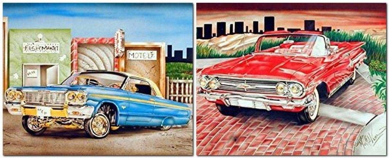 Classic Car Wall Decor Red Lowrider Vintage 16x20 Two Set Picture
