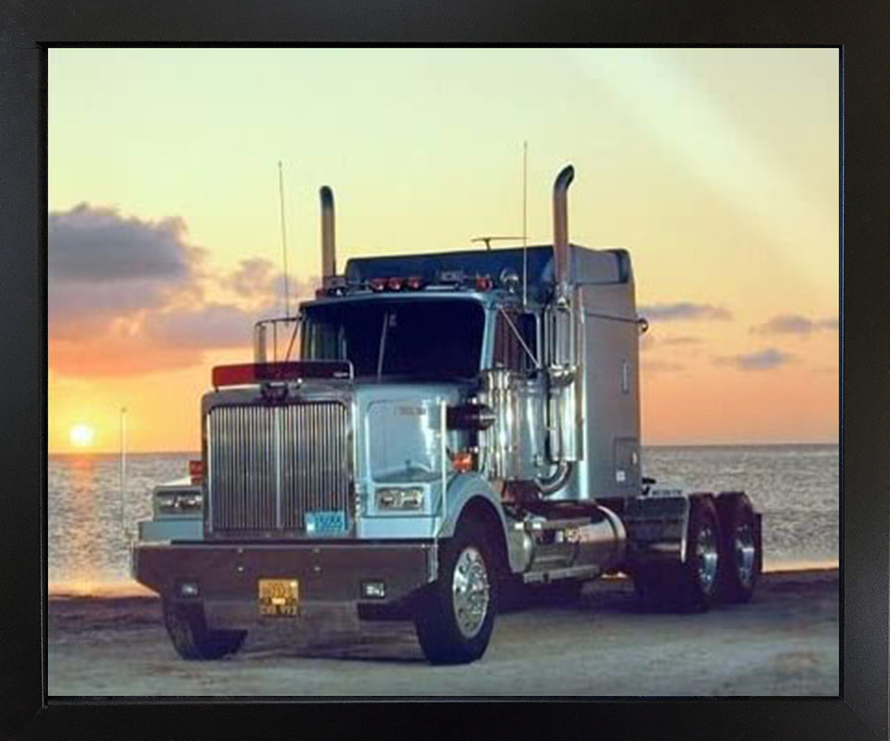 Framed Wall Decoration Light Blue Big Rig Truck Transportation