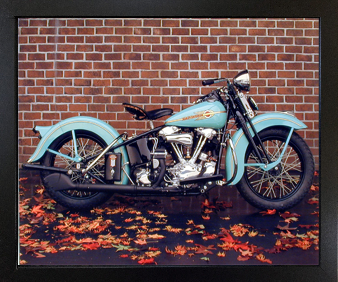 1938 Aqua Harley Davidson Vintage Motorcycle Picture Black Framed