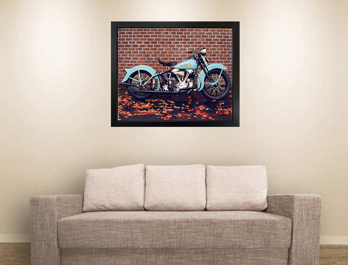 1938 Aqua Harley Davidson Vintage Motorcycle Picture Black Framed
