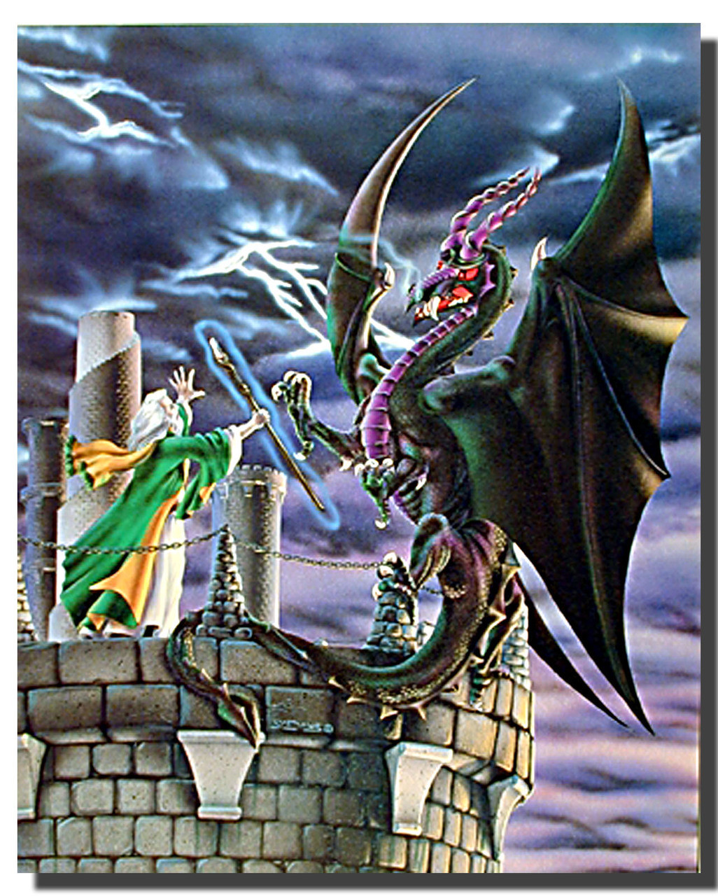 Storm Wizard with Fire Dragon and Unicorn Fantasy Wall Picture 8x10 Art Print