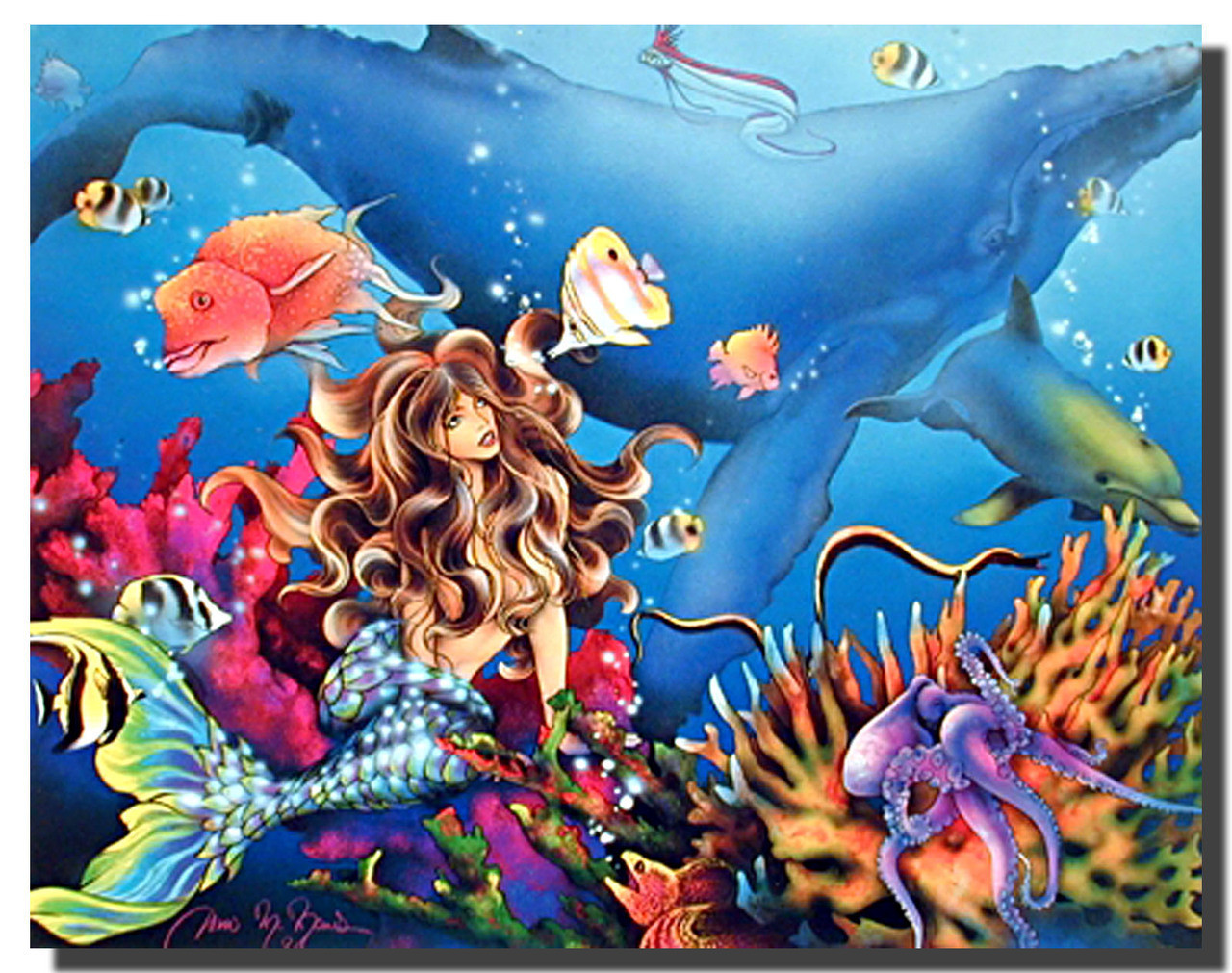 Mermaid & Whale Sci Fi Fantasy Underwater Coral Reef Ocean Wall