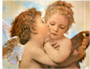 Two Little Angels Couple The First Kiss Wall Decor Fine Art Print Poster (24x36)