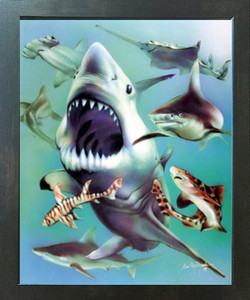 White Sharks Collage Ocean Animal Kids Room Wall Decor Espresso Framed Picture Art Print (20x24)