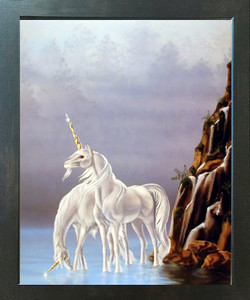 Early Silver Dawn Sci Fi Unicorn Fantasy Horse Wall Decor Espresso Framed Picture Art Print (20x24)