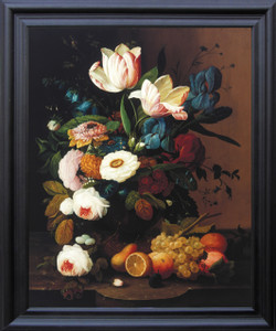 Bunch of Colorful Flowers With Fruits Still Life Wall Decor  Black Framed Art Print Poster (19x23)