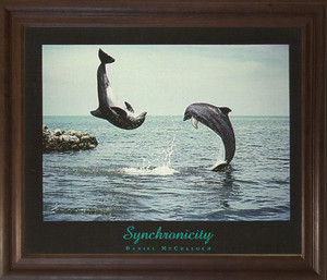 Synchronicity - Dolphins Jumping into Ocean Picture Wall Decor Brown Rust Framed Art Print Poster (19x23)