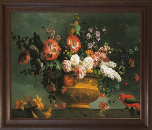 Bunch Of colorful Flowers with Red Parrot Wall Decor Brown Rust Framed Art Print Poster  (19x23)