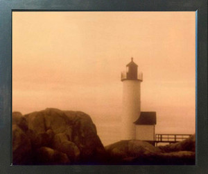 Misty Morning New England Lighthouse Landscape Wall Decor Espresso Framed Art Print Poster (18x24)