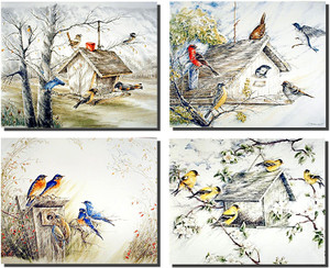  Birdhouse Feeder Gold Finches Birds Picture 16x20 Four Set Bluebirds Wall Decor Art Print Posters