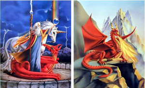  Red Fire Dragon And Strom Chaser Unicorn Horse Two Set Picture 8x10 Fantasy Wall Decor Art Print Posters