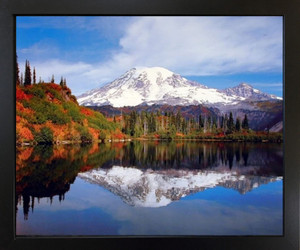 Mount Rainier Lake Reflection with Snow Mountain Wall Decor Art Print Scenery Landscape Black Framed Picture (18x22)