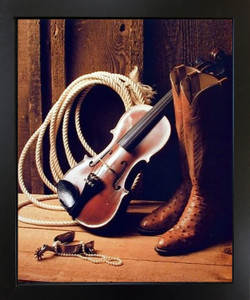 Framed Wall Decoration Western Cowboy Boots with Violin Fiddle Spur Rope Rodeo Black Picture Art Print (18x22)