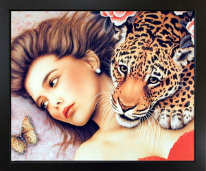 Lady with Leopard Jungle Love Fine Wall Decor Black Framed Art Print Picture (18x22) Lady with Leopard Jungle Love Fine Wall Decor Black Framed Art Print Picture (18x22)