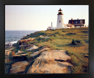 Pemaquid Lighthouse Ocean Cliff Nautical Picture Wall Decor BlackFramed Art Print (18x22)