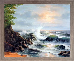 Ocean Waves Crashing Surf on Rock Wall Decor Scenic Landscape Barnwood Framed Art Print Picture (19x23)