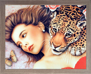 Lady with Leopard Jungle Love Fine Wall Decor Barnwood Framed Picture Art Print (19x24)