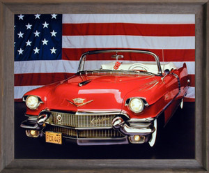 Impact Posters Gallery U.S. Flag Vintage Classic Car Framed Wall Bedroom Decor 1956 Red Cadillac Art Print Poster (16x20) (Barnwood)