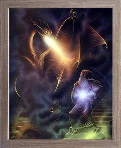Impact Posters Gallery Magical Dragon Wizard Fire Fantasy Wall Decor Barnwood Framed Picture Art Print (19x23)