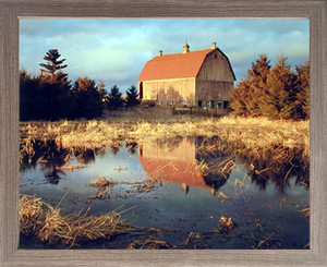 Red Barn and Field Lake Vintage Autumn Reflections Scenic Wall Barnwood Picture Framed Art Print (19x23)