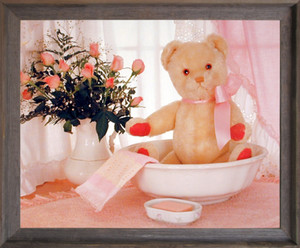 Impact Posters Gallery Framed Wall Decor Picture Teddy Bear in Washbowl & Flowers Cute Kids Room Barnwood Art Print (19x23)