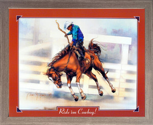 Framed Wall Picture Decor Western Cowboy Rodeo Horse Riding Old West Barnwood Art Print (19x23)