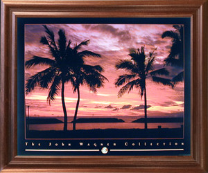 Framed Wall Decor Tropical Hawaiian Ocean Beach Sunset Palm Trees Scenery Mahogany Framed Picture Art Print