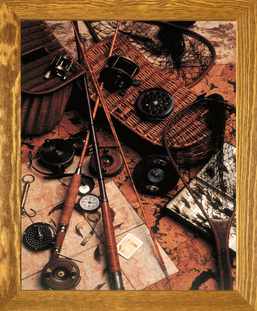 Poster Of Old Wooden Fly Rod Reel And Fishing Lure Wall Decor