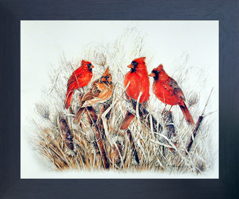 Gold Finches Feeder in Snow Wild Birds Wall Picture Espresso Framed Art Print (20x24)