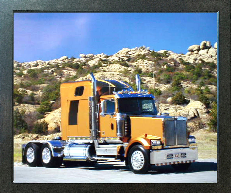 Gold Big Rig Semi Classic Truck Wall Decor Poster (Espresso Framed Picture Art Print - 20x24)