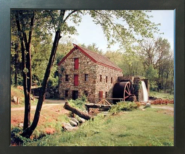 Wayside Inn Mill Scene Cottage Scenery Wall Decor Espresso Framed Picture Art Print (20x24)