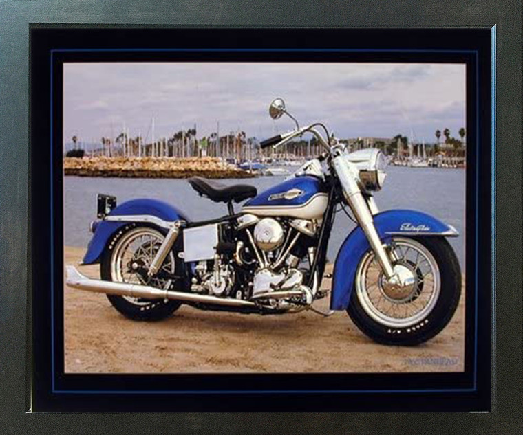 1965 Blue Panhead Harley Davidson Vintage Motorcycle Decor Wall Espresso Framed Picture Art Print (20x24)