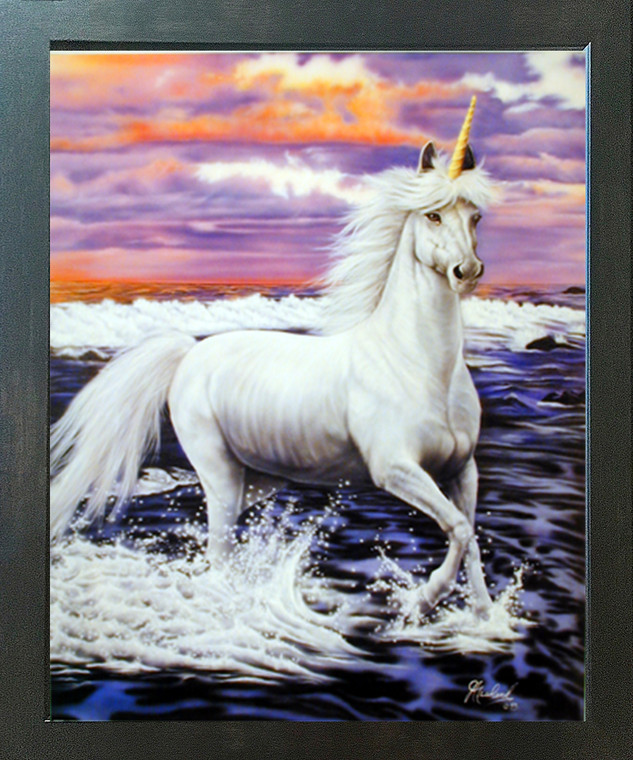Mythical Unicorn Horse Beach Theme Wall Decor Espresso Framed Picture Art Print (20x24)