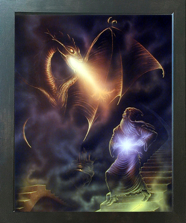 Magical Dragon Wizard Fire Fantasy Wall Decor Espresso Framed Picture Art Print (20x24)