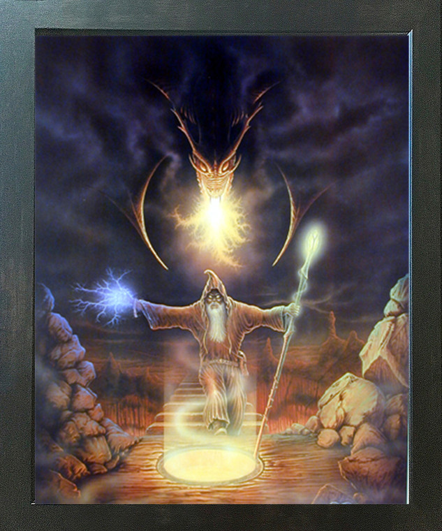 Magician Fire Dragon Sue Dawe Fantasy Kids Room Wall Decor Espresso Framed Picture Art Print (20x24)