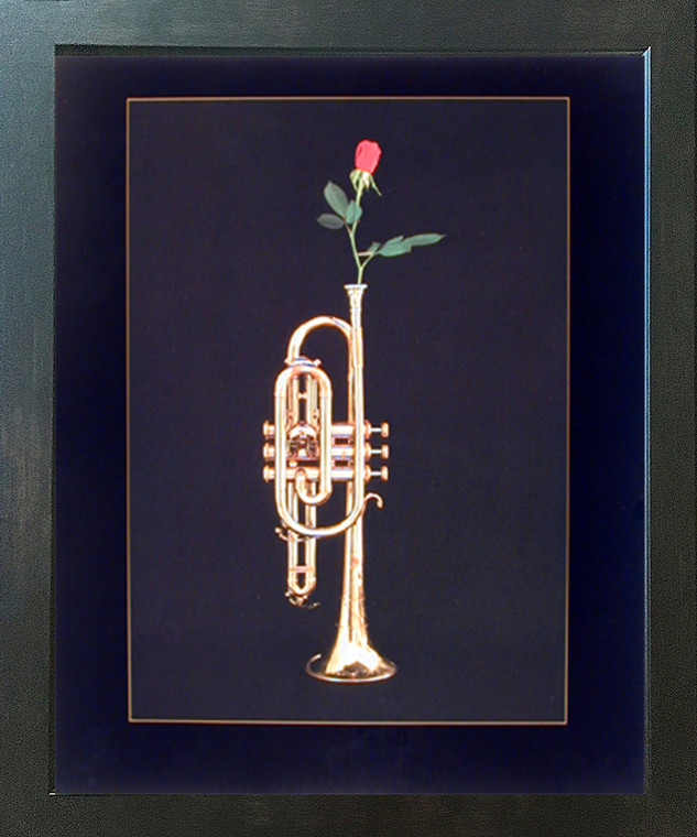 Trumpet with Rose Musical Instrument Wall Decor Espresso Framed Picture Art Print (20x24)