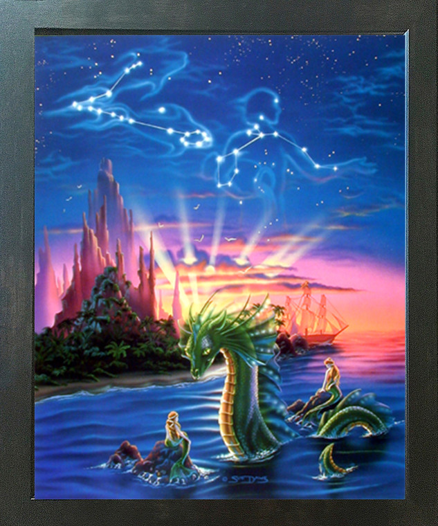 Lady Mermaid and Ocean Dragon Fantasy Espresso Framed Art Print Picture (20x24)