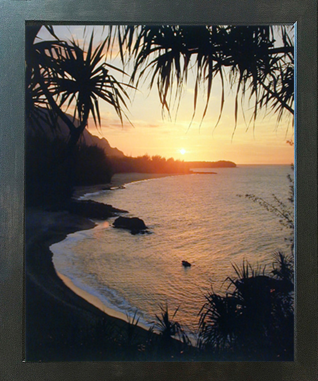 Tropical Sunset At Ocean Beach Scenery Wall Decor Espresso Framed Picture Art Print (20x24)
